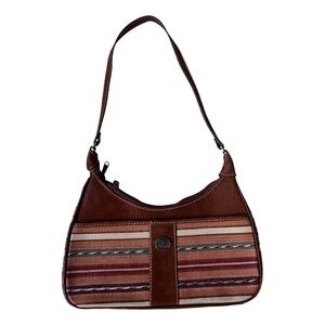 Handmade in Guatemala woven shoulder bag – boho western stripes, brown trim, sma